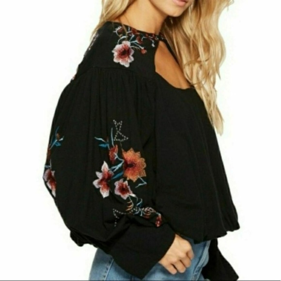 FREE PEOPLE Lita Embroidered Top Fairy Goth Cutout Balloon Sleeve Boho Black S - Picture 1 of 16